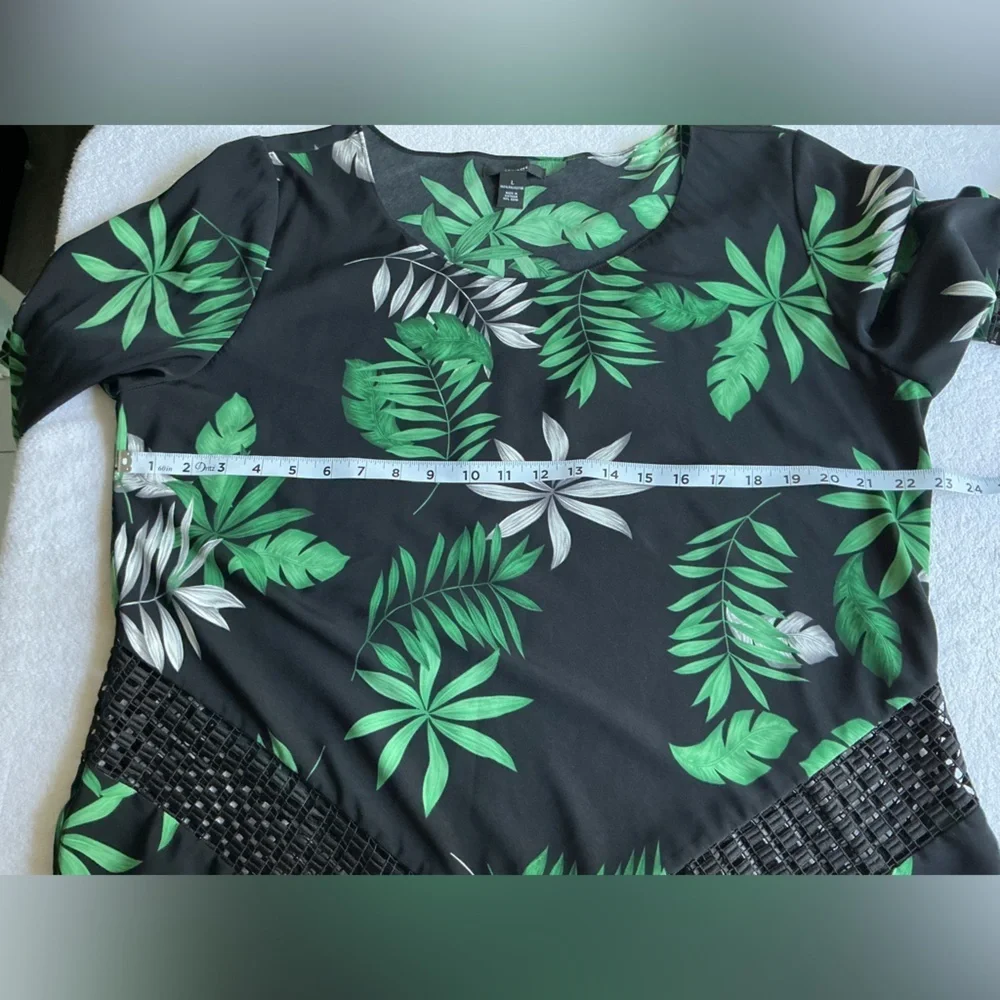 Alfani Tropical Black Blouse with Green Leaf Design Sz L